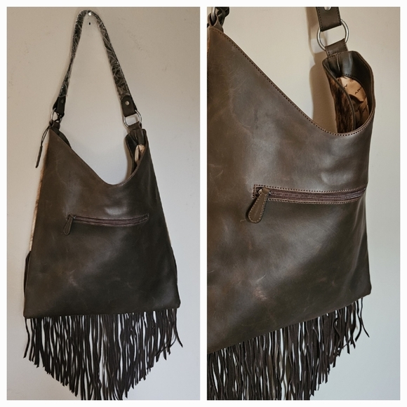 NEW! ARIAT Nashville Genuine Leather Calf Hair Fringe Accent Shoulder Bag Purse. - Picture 9 of 12